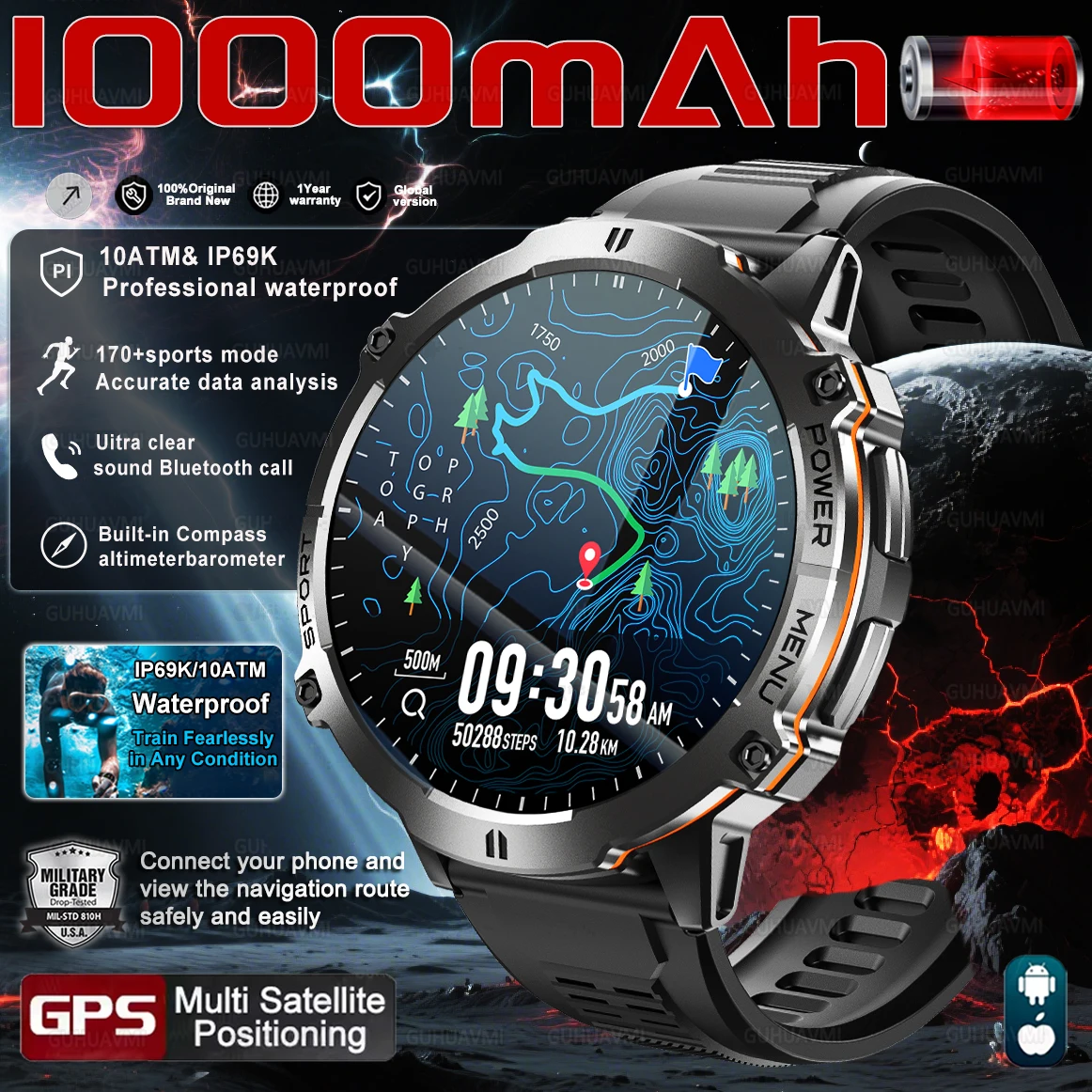 

Новые T-REX3, 1000 мАч, большая батарея, прочные умные часы для взрослых, GPS, компас, высотомер, 10 АТМ, водонепроницаемые, BT Call, спортивные умные часы для мужчин