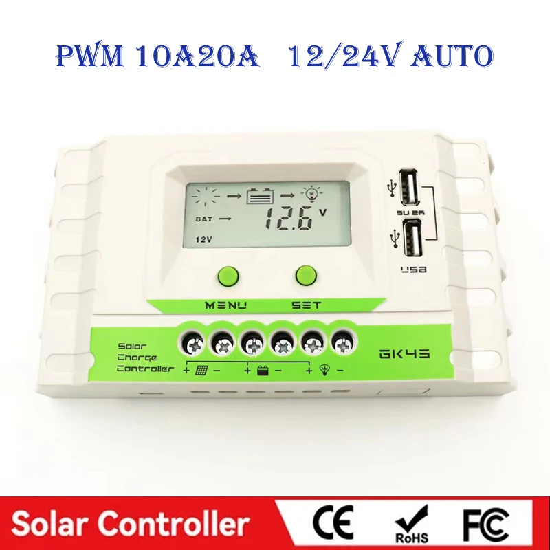 

12V24v 10A20A Pwm Solar Charge Controller Usb5v, Current Display Lcd With Backlight