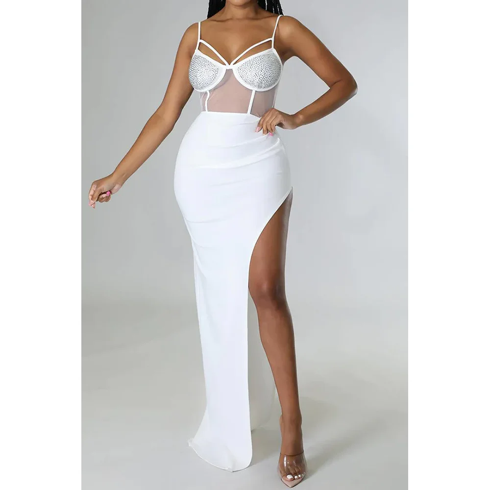 Women Sexy Spaghetti Strap See Through Sheer Mesh Rhinestone Maxi Party Dress