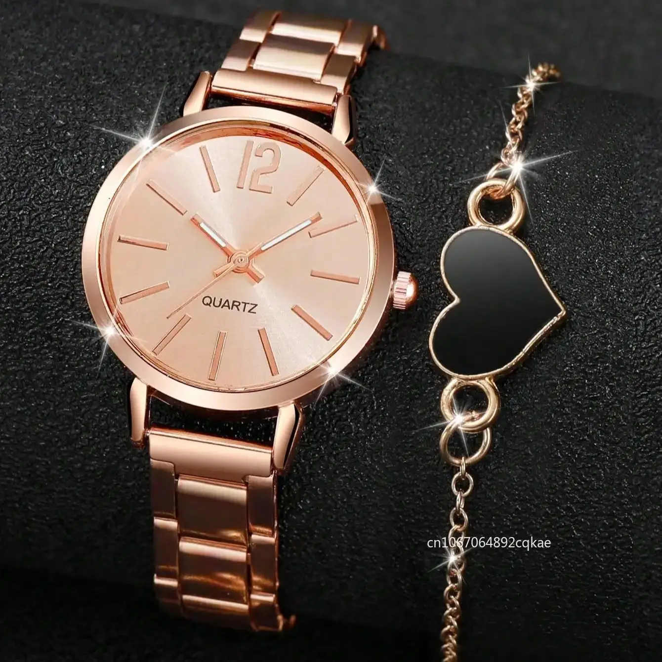 2pcs Business Fashion Quartz Watch Elegant Golden Wrist Watch Heart Charm Bracelet Set Simple Ladies Watches Relojes Para Mujer