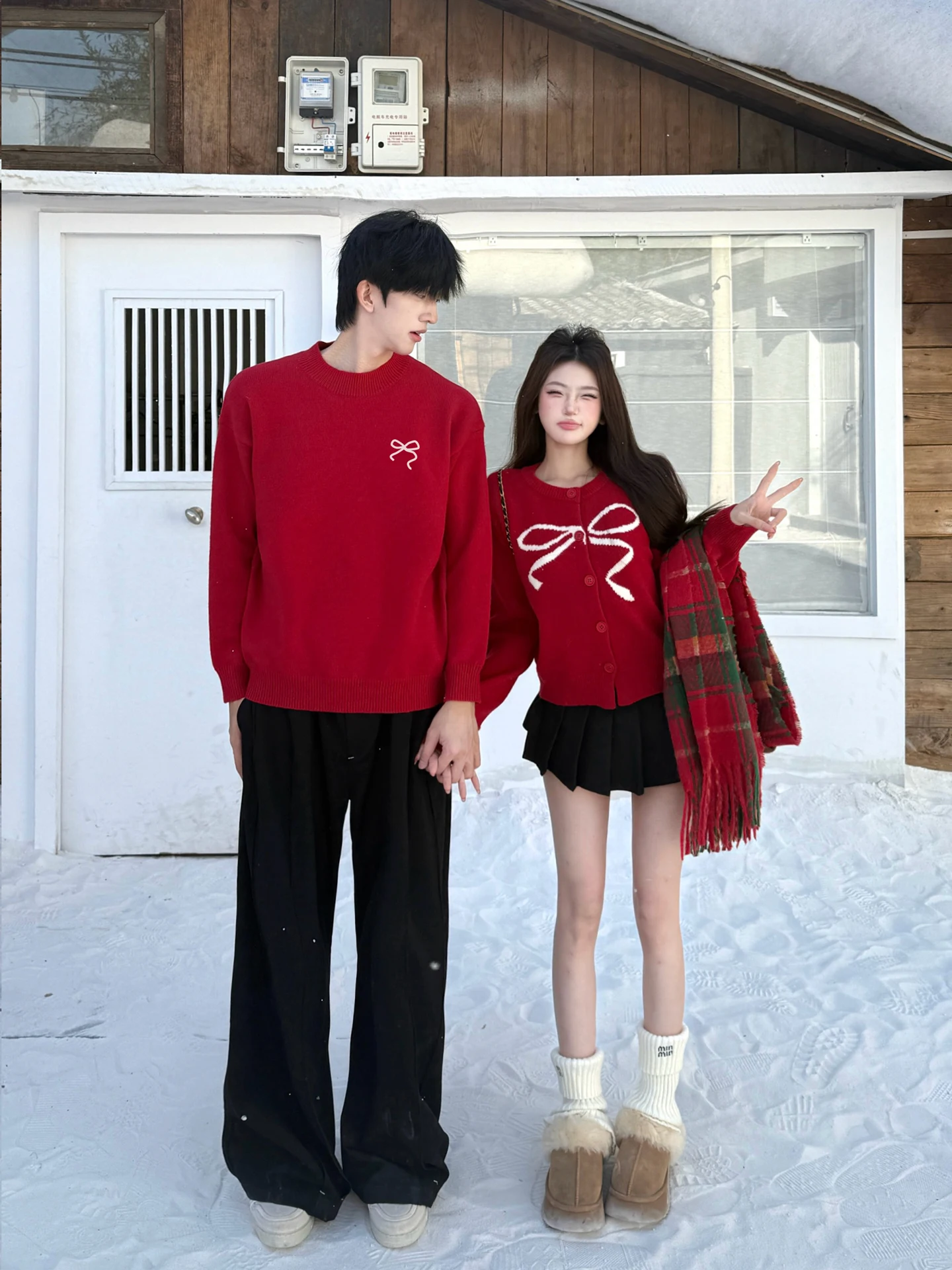 Red Knitted Sweater for Men And Women Sweet  Knot Wedding Couple Outfit Autumn Winter Loose Fit Casual Style Warmth