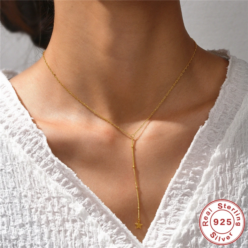 AIDE 925 Sterling Silver Long Chain Lariat Necklace Star Charm Y-Shape Minimal Deilcate Sexy Dainty Style Necks For Women collar