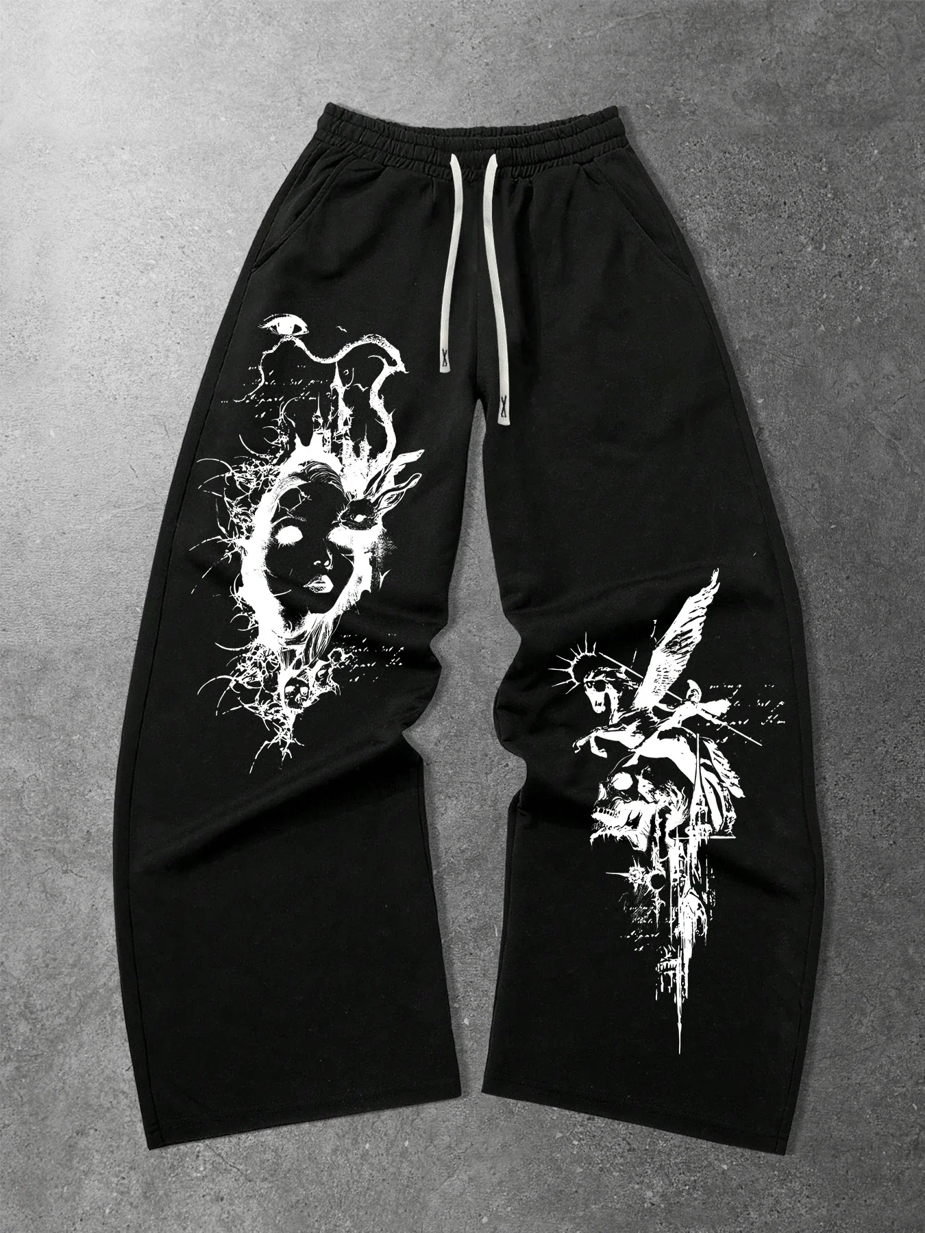 Wide Leg Trousers, Dark Art Skull Figure Illustration Print, Drawstring Elastic Waist Hip Hop Street Casual Pants