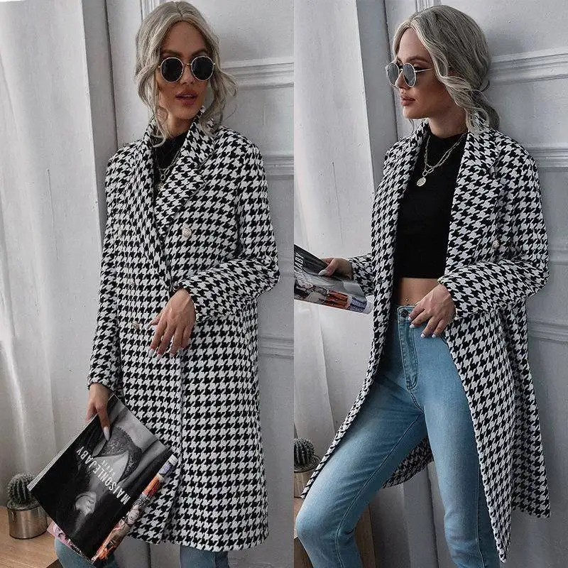 Faionable Plaid Print Long Large Size Coat Autumn Winter New Arrival Women's plus Size Outerwear Sli Cheered Pattern