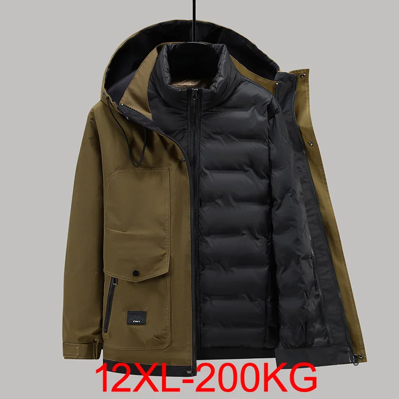 Men plus size down jacket assault New winter three in one detachable inner liner windproof casual hooded  fat 200kg 12xl