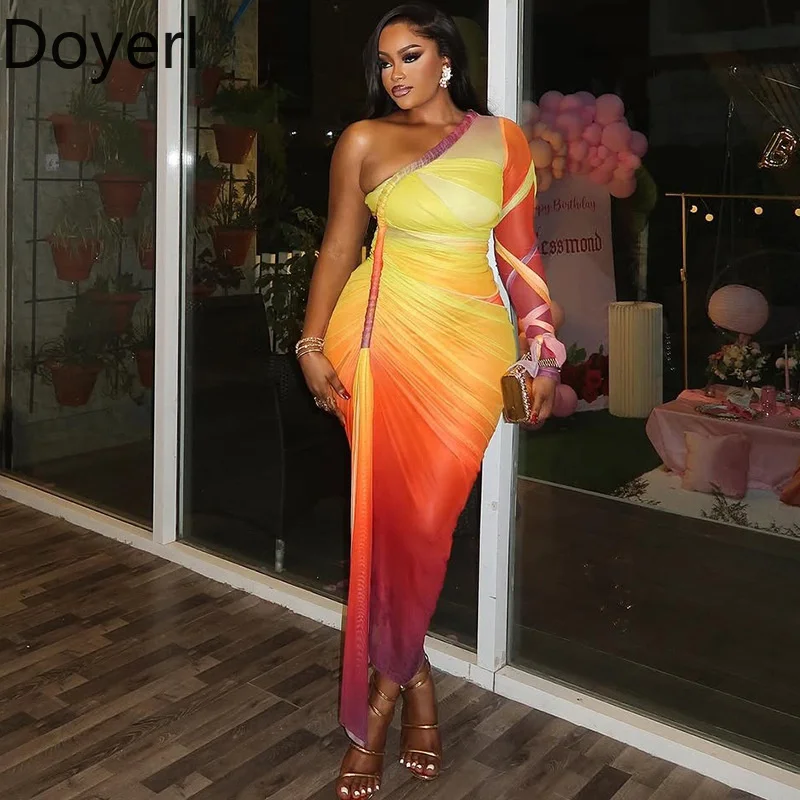 Doyerl One Shoulder Mesh Bodycon Dresses Women Night Club Party Long Sleeve Drawstring Ruched Asymmetrical Side Split Long Dress