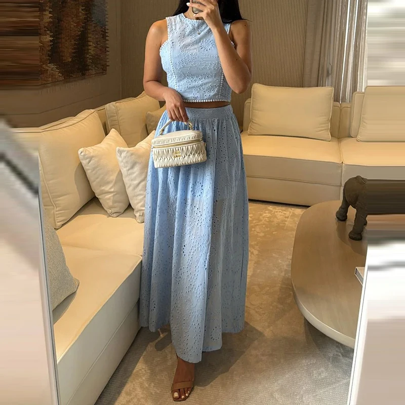 

New Lace Hollow Out Vest Tops+Half Skirts Sets Simple Solid Color Slim Two Piece Sets Fashion Sleeveless Casual Commute Outfits