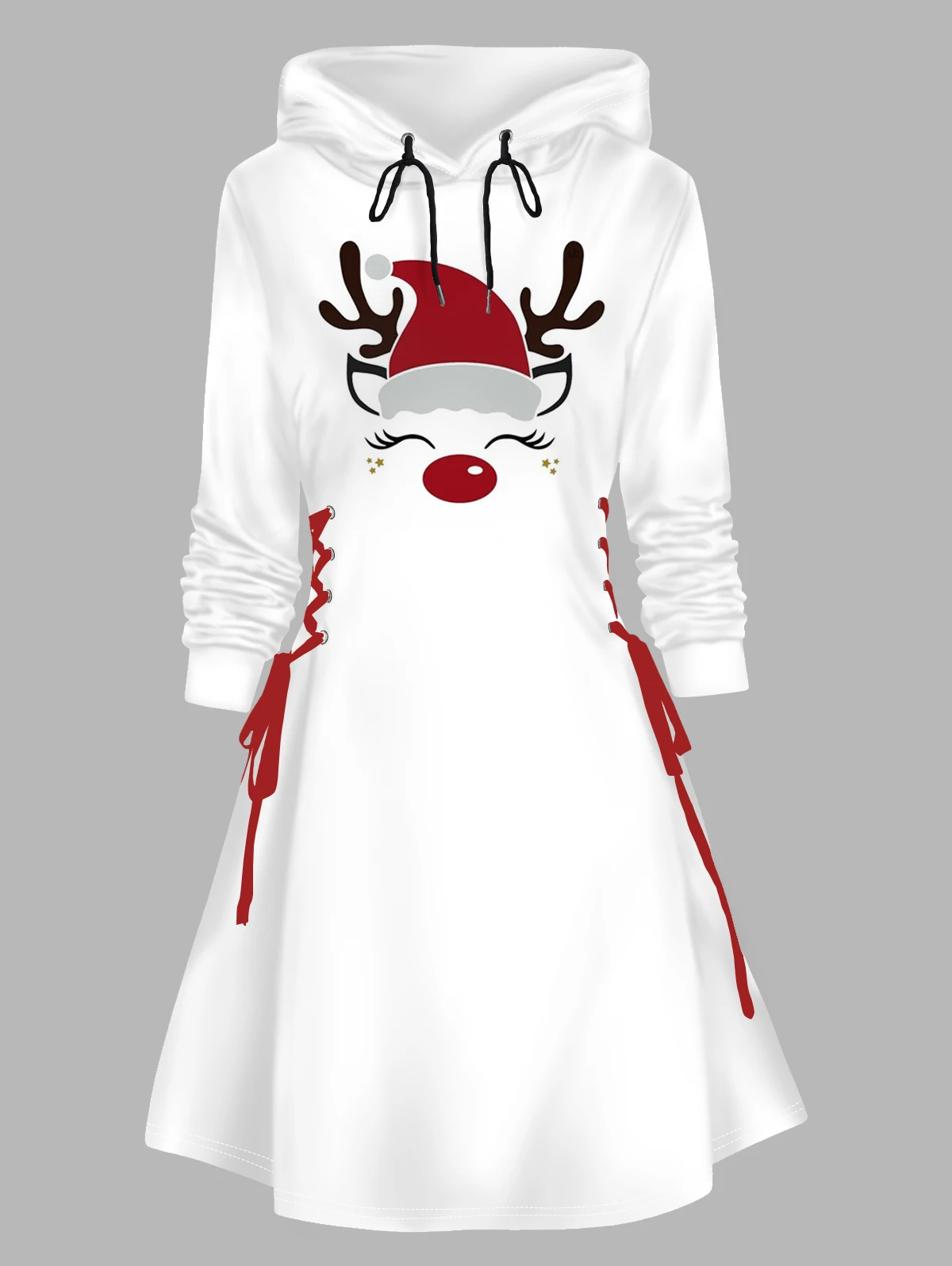 2024 Women\'s Christmas Hoodie Dresses Hat Elk Face Pattern Lace Up Hooded Dress Long Sleeve A Line Mini Dress