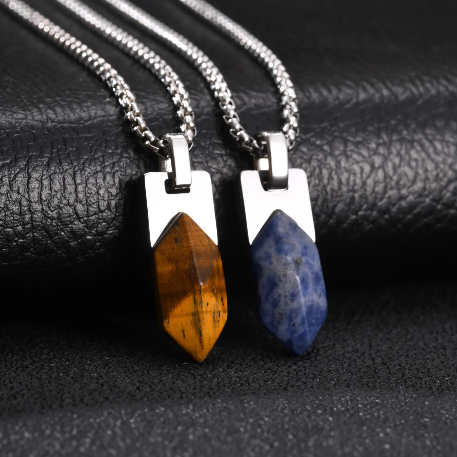 Vnox Natürlicher Tigerauge-Sodalith-Stein Anhänger Halskette für Männer, Edelstahl Geometrische Kastenkette Punk Herrenschmuck Geschenk