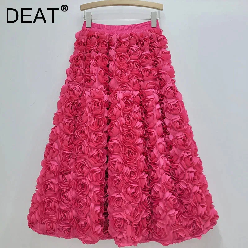 DEAT 2024 Autumn New Versatile Three Dimensional Flower Mid-calf Skirt High Waist Big Swing Fashion A-line Skirts Female 33A2033