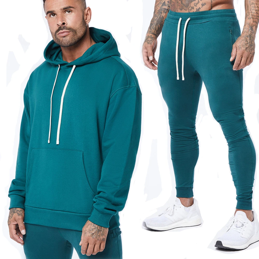 Mens Cotton Training Suits Gym Fitness Loose Kits Sportswear Hoodie Sports Pullover Hooded Jogging Sets Male Running Tracksuits