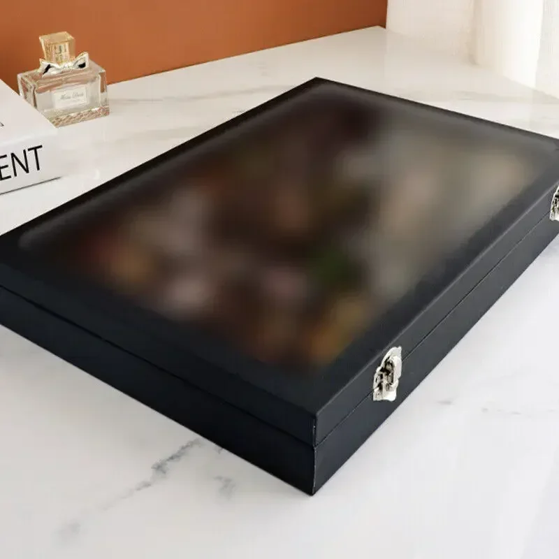 Transparent Pin Display Case with Lock Dustproof Glass Lid Badge Storage Box Jewelry Medal Collection Display Box Black