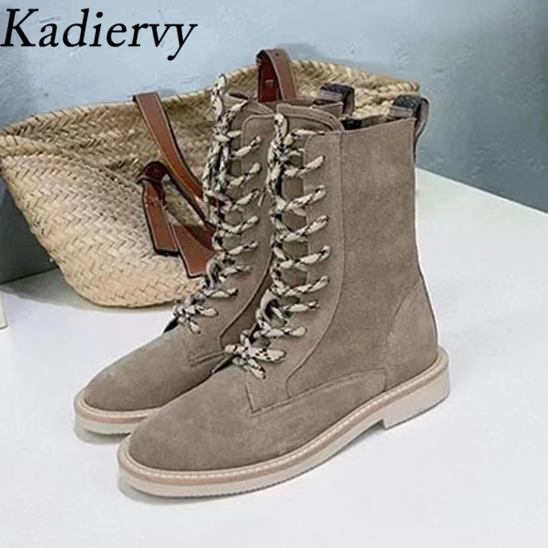 Gran oferta de botas cortas para mujer, botas de caballero con cordones y punta redonda, zapatos planos con cuentas, botas de moto de gamuza de vaca para mujer