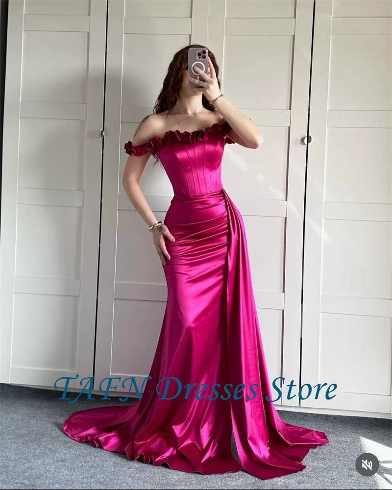 TAFN Elegant Royal Blue Evening Dresses Mermaid 3D Flowers Off Shoulder Pleats Satin Prom Gowns Formal Party Wedding Customized