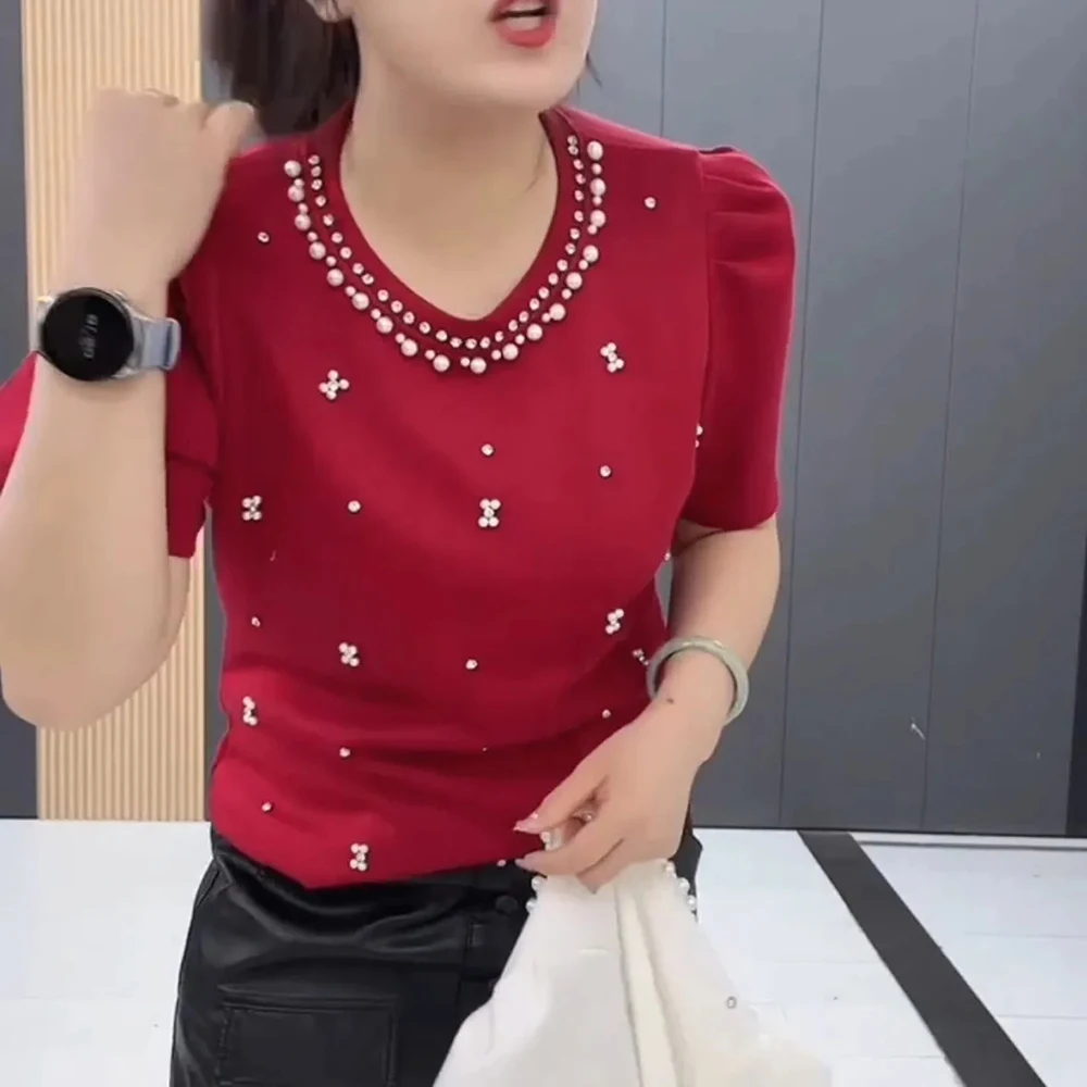 Korean Style Pearls Black Tees 2024 Summer Fashion Bubble Sleeve Cotton T-shirt Women Beading Diamonds O-Neck White Slim Tops