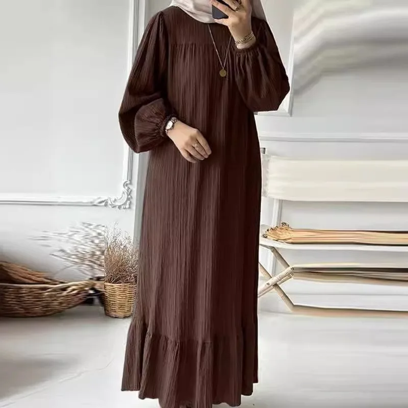 

2024 Muslim Women Abaya Dress Spring Autumn Fashion Bubble Sleeves Retro Pockets Flounce Hem Long Robe