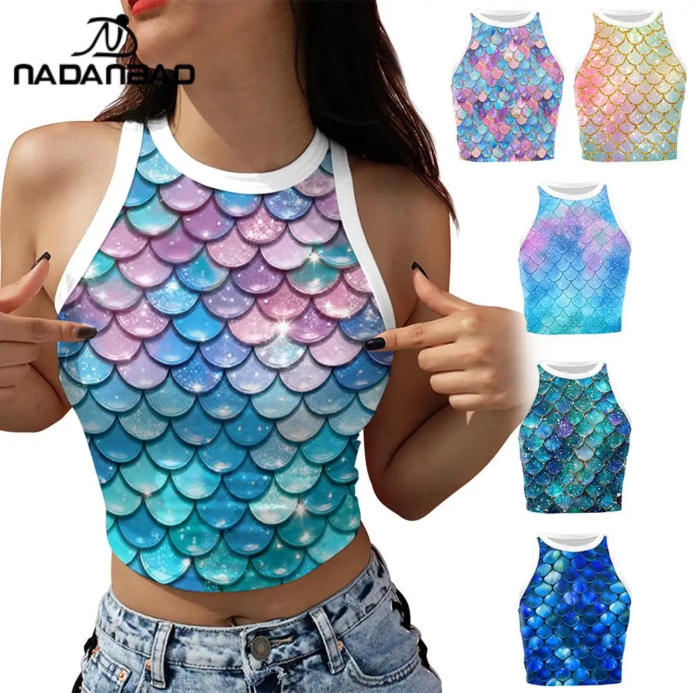 Nadanbao Modisches Crop-Top mit Fischschuppen-Print, sexy, schmales Tanktop für Damen, Sommer, ärmellose Weste, Halloween, Meerjungfrau, kurzes Hemd
