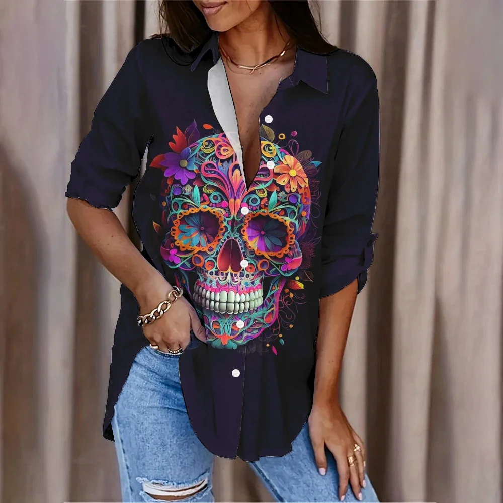 

Autumn Women's Shirts Street Fashion Women Loose Long Sleeve Tops Blouses Shirt Mexican Day Of The Dead Printed New Shirt Casual