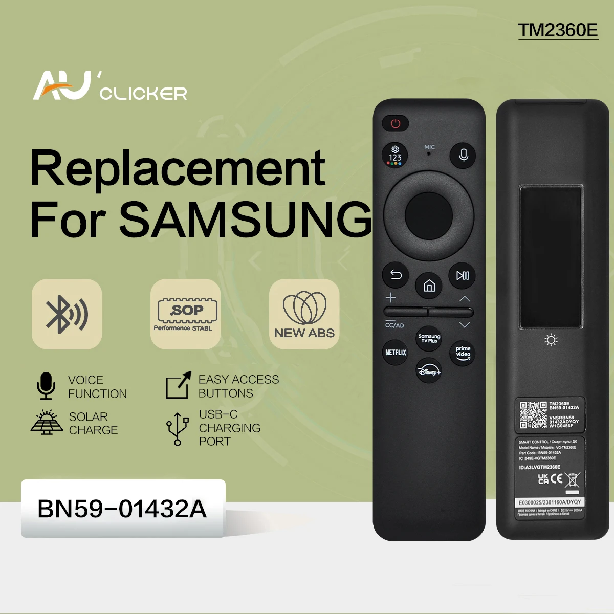 BN59-01432A Replacement Solar Remote Control For Samsung Smart TV Compatible With Neo QLED 8K 4K Series