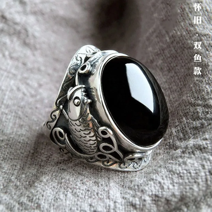 

Vintage do old black obsidian ring male koi overbearing Thai silver Pisces opening adjustment