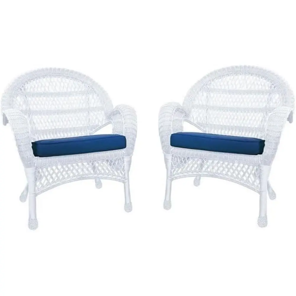 Pair of Blue Cushioned Wicker Chairs, White, Set of 2