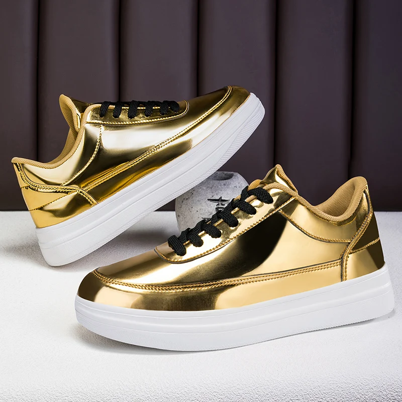 

Plus-Size 47 Men Golden Shoes Patent Leather Sneakers Fashion Shoes Trend Hip-Hop Men's Skate Shoes Platform Sports Shoes Casual
