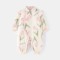 Baby Girl Quilted Cotton Romper Baby Girl Winter Clothes Jumpsuit Floral Outfit Winter Outfit 6-24months