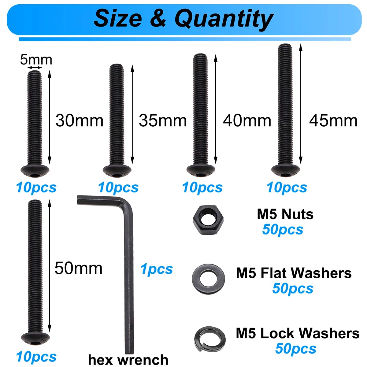 200PCS Black M5 Button Head Hex Socket Socket M5x30/35/40/45/50mm Metric Screw Bolt Nut Washer Combo Kit Grade 10.9 Carbon Steel