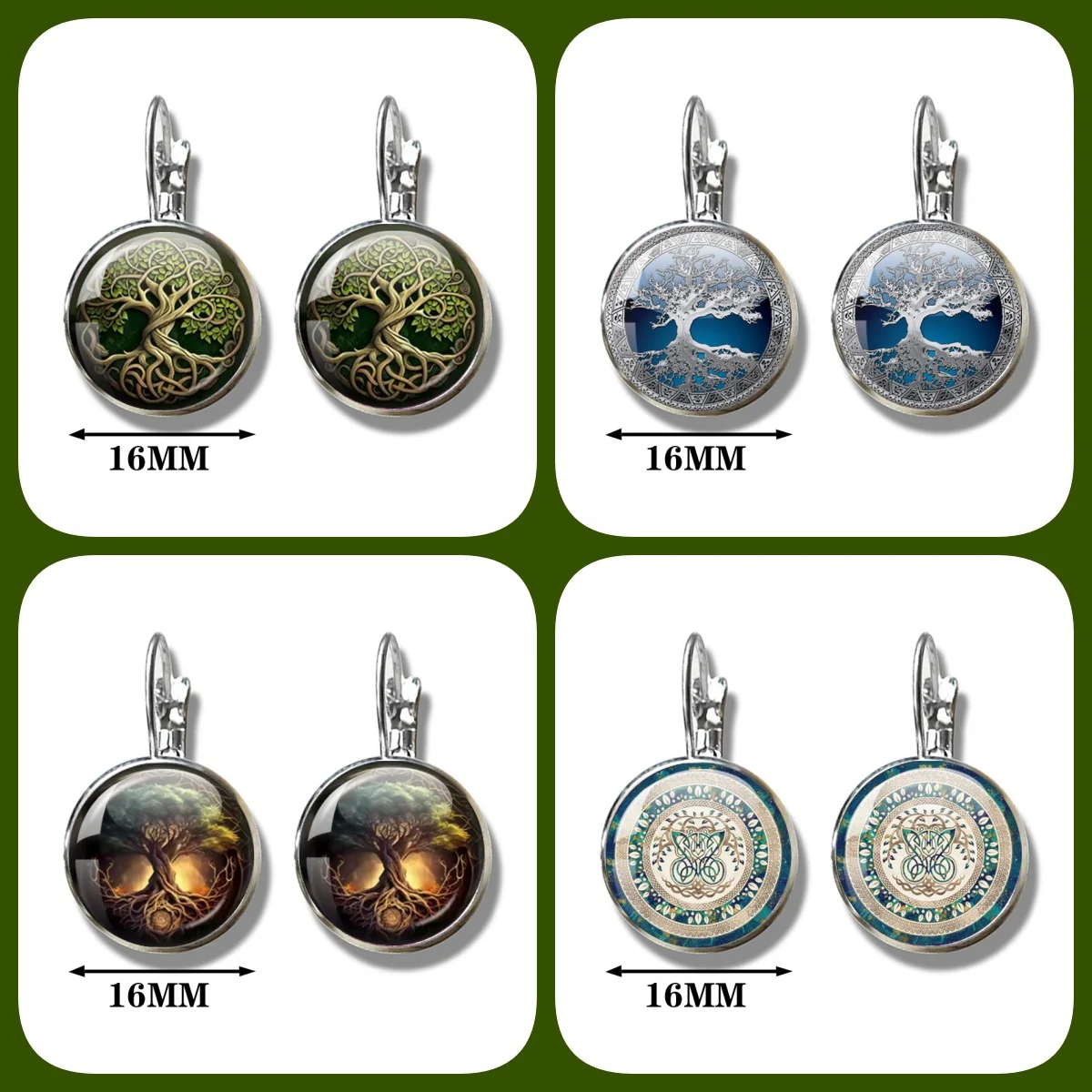 Vintage Celtic Tree of Life 2Pcs Earrings 16MM/20mm Glass Cabochon Earrings Round Glass Pendant Tree of Life Irish Cultural Gift