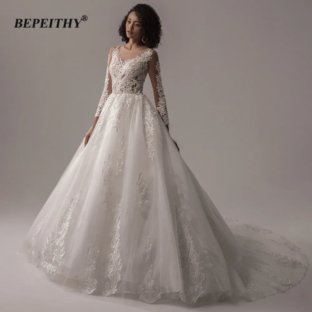 BEPEITHY Lace Wedding Dresses For Women 2023 Spring Princesss Vintage O Neck Long Sleeves Bridal Ball Gown Vestidos De Novias