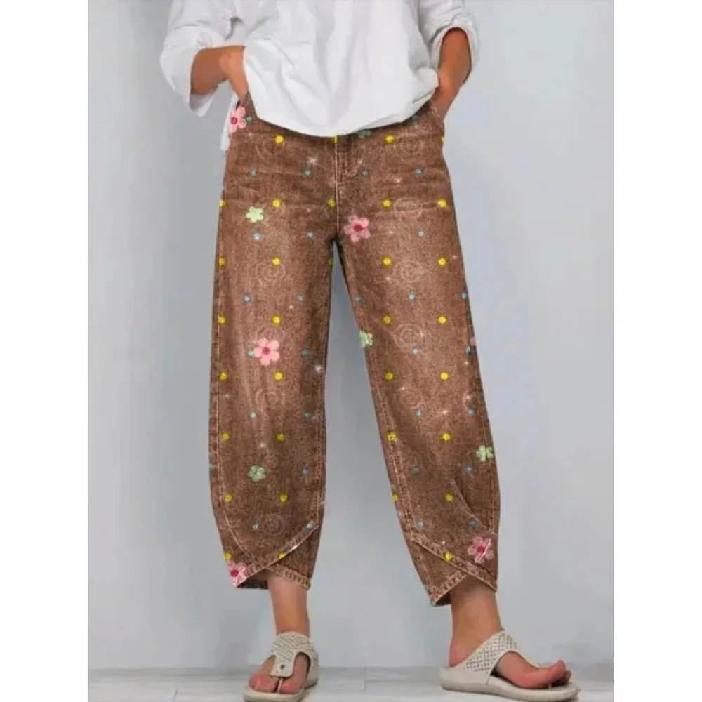 Vintage Blumenmuster Cropped Harem Caprihose Damen Baumwolle Locker Sitzende Tulpen-Wickelhose Knöchellange Freizeithose Sommer Streetwear – Detail 10