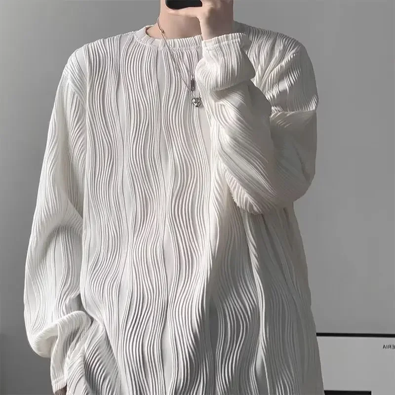 Elegant Round Neck Long Sleeve T-Shirt For Men Casual Loose-Fit Draped Top Korean Style Ice Silk Fabric Trendy Pullover