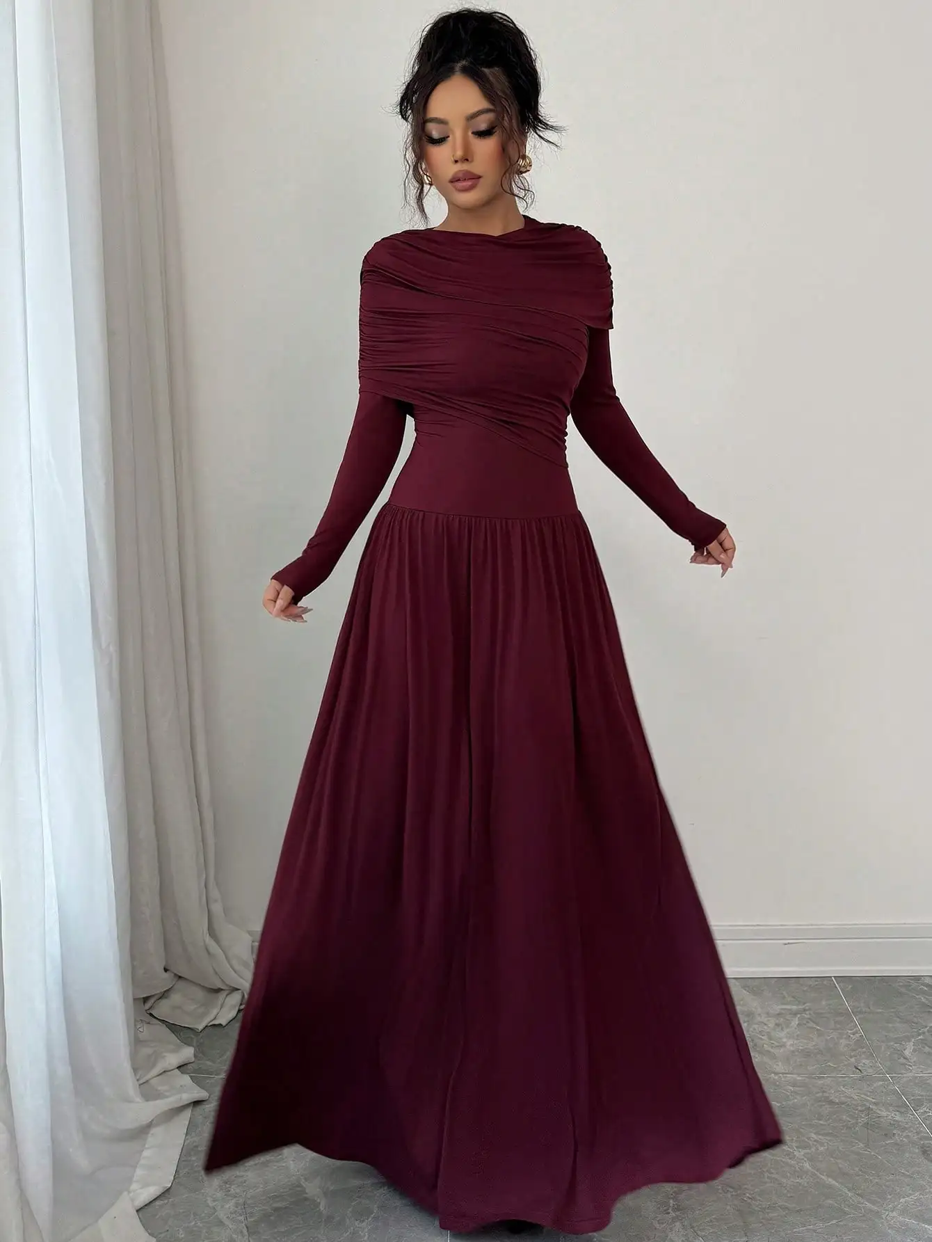 Elegant Burgundy Long Sleeve Maxi Dress with Draped Neckline & Pleated Skirt