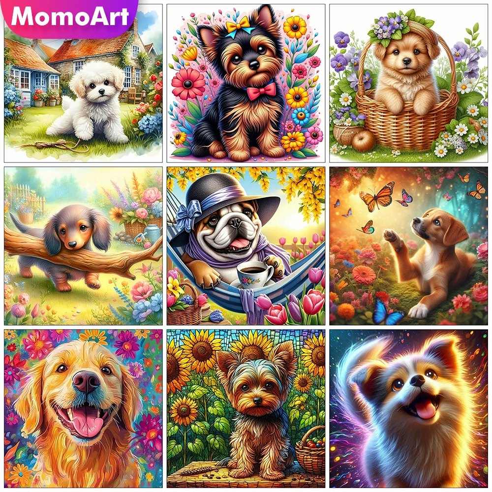 Momoart DIY Diamantmalerei Hund Tier Vollquadratisch Rund Stickerei Blumen Strass Mosaik 5D DIY Wohnzimmer Kunsthandwerk