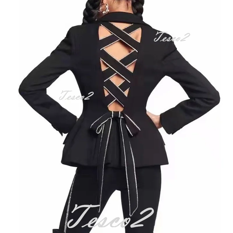 Tesco-Blazer de traje con diseño de encaje para mujer, ropa de noche, chaqueta ajustada negra con lazo para fiesta de graduación, nueva moda