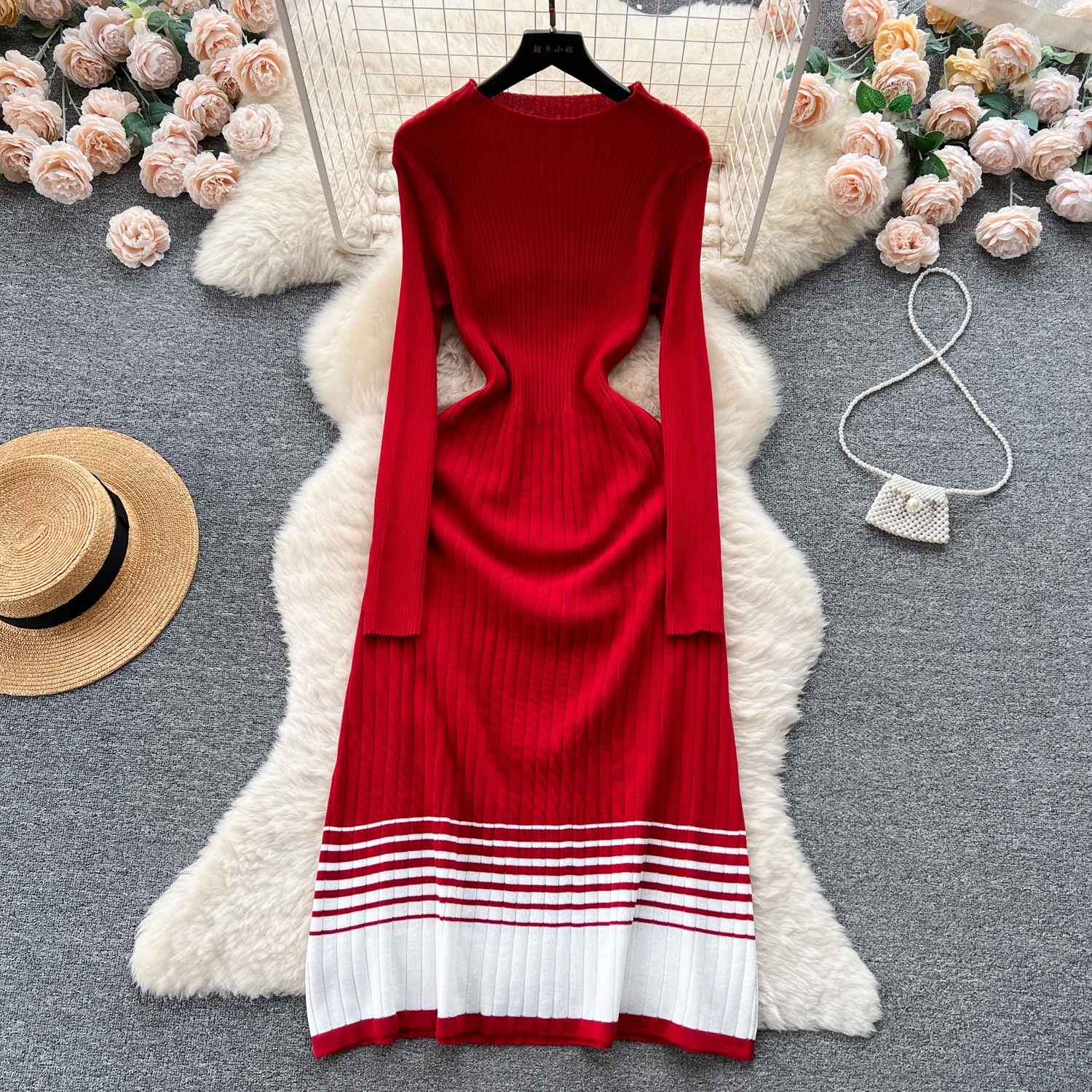 

Elegant High Collar Long Sleeve Stripe Knit Bodycon A-line Dress Slim Basic Fashion Sweater Vestido Women Autumn Winter Clothing