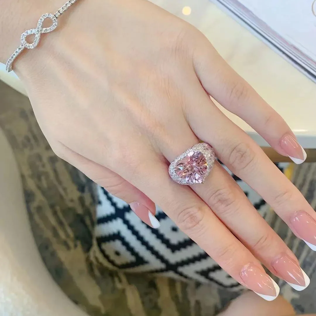 2023 Big Pink Crystal LOVE Heart Open Ring for Women Stamp Wedding Luxury Vintage Silver Color Aesthetic Jewelry Accessories