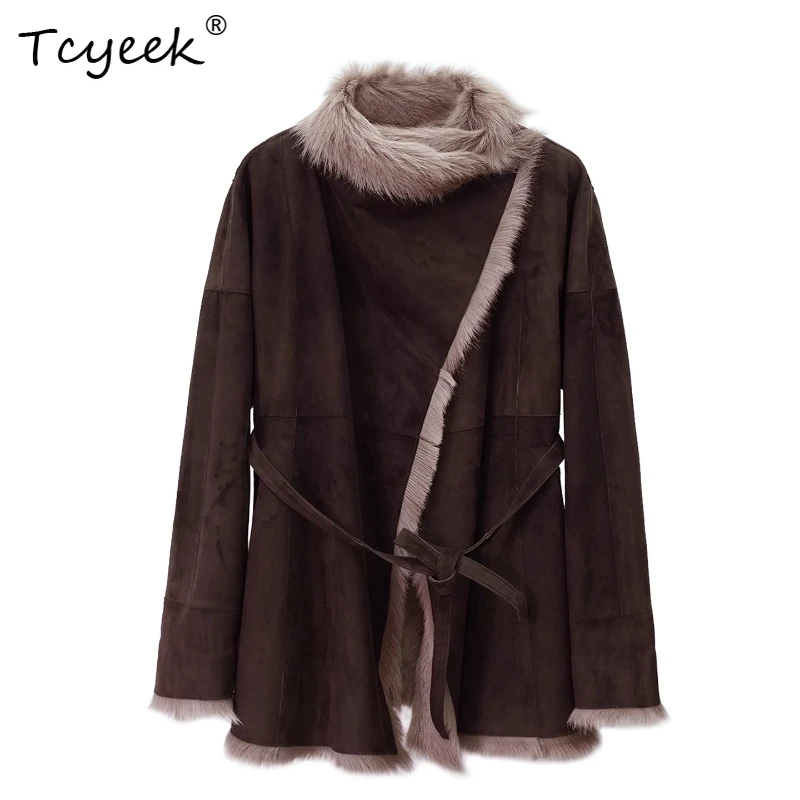 

Tcyeek Genuine Wool Autumn Winter High End Trendy Lapel Solid Color Mid Length Women's Wool Shearling Fur Coat Fourrures Femme