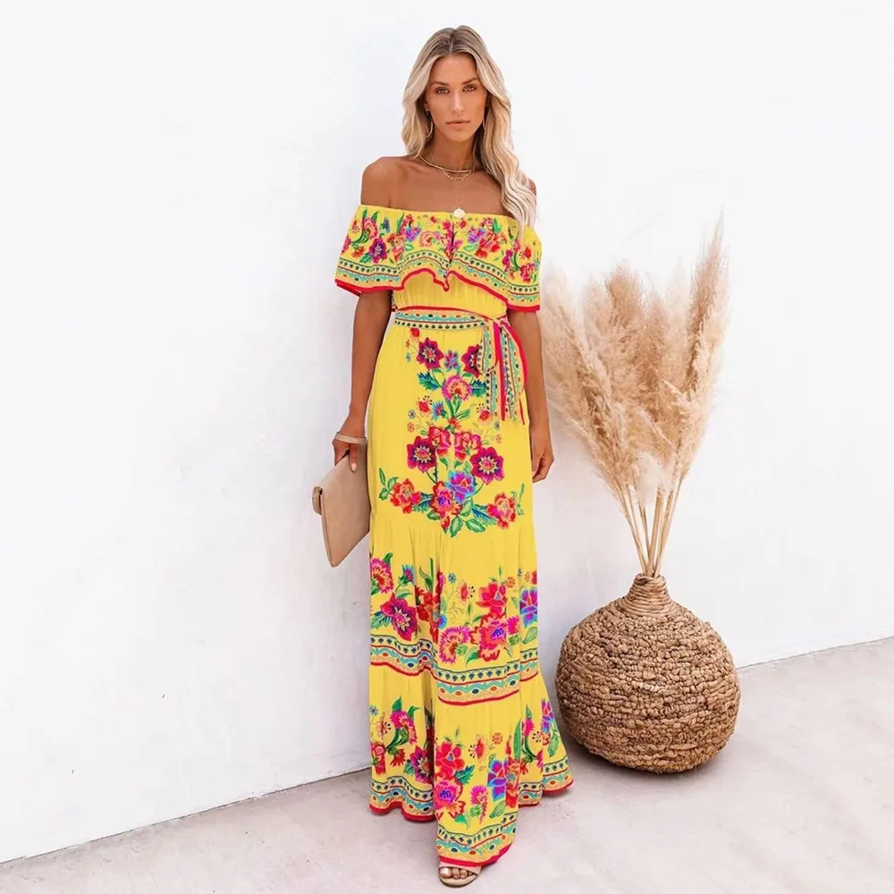 Sommer Frauen Drucken Boho Kleid Mode Sexy Slash Neck Maxi Kleider Für Femme Casual Elegante Party Vestidos Robe 2024 Neue Weibliche