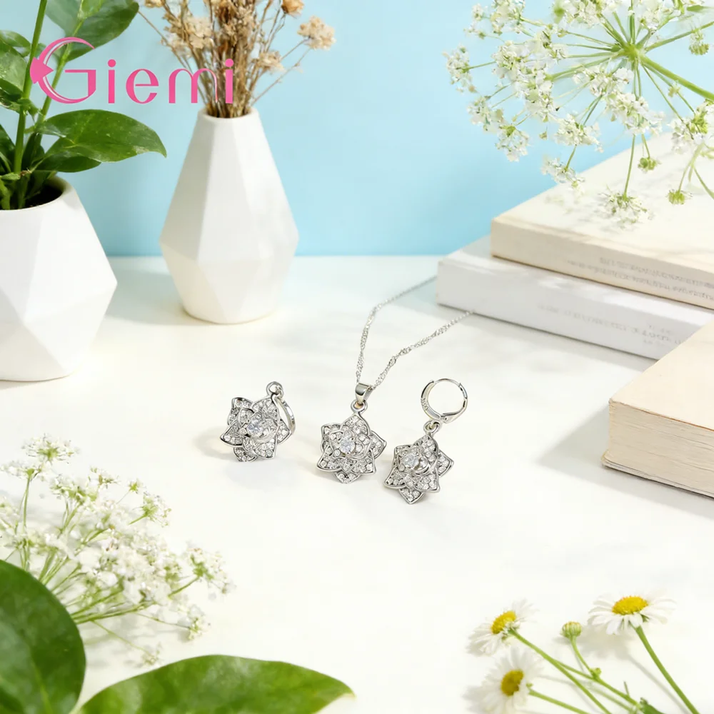 

Hot Sell Elegant 3D Rose Shape Ladies Jewelry Sets Pretty 925 Sterling Silver Wedding Engagement Pendant Necklace Earrings