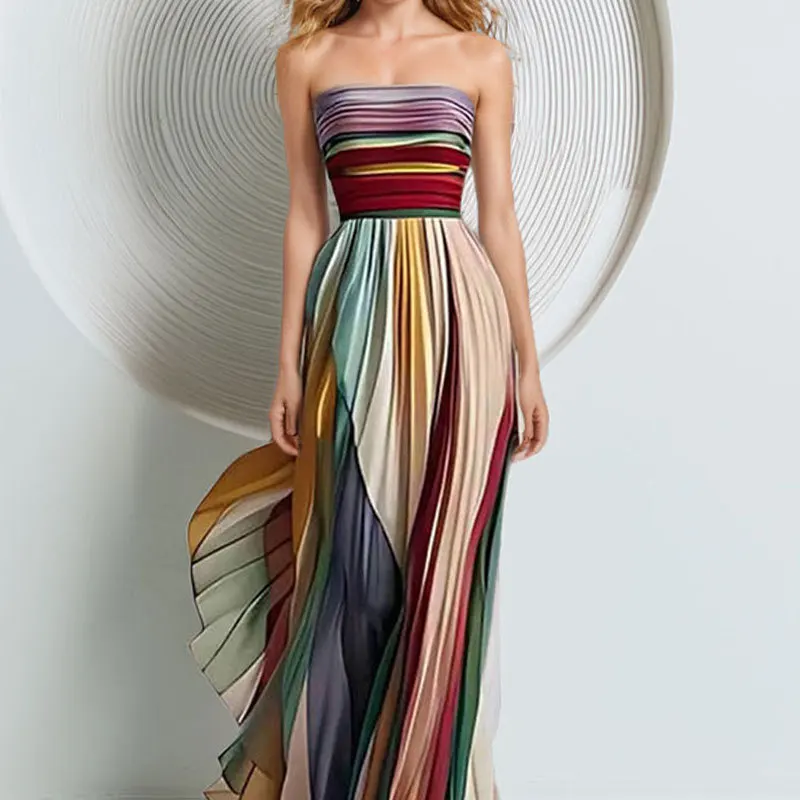 

New Fashion Print Colorful Dress for Women Streetwear Trend Sexy Elegant Sleeveless Strapless Long Evening Dress Female Clothing