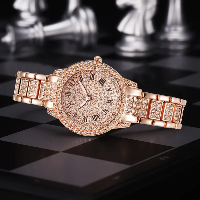 1/2pcs Luxury Women Diamond Watches Hip Hop Bracelet Ladies Quartz Watch Rose Gold Womens Wristwatch Shiny Crystal Reloj Mujer