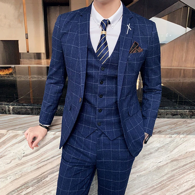 2023 Fashion new men\'s leisure boutique business solid color slim wedding suit / Men\'s striped 3 Pcs blazers jacket pants vest