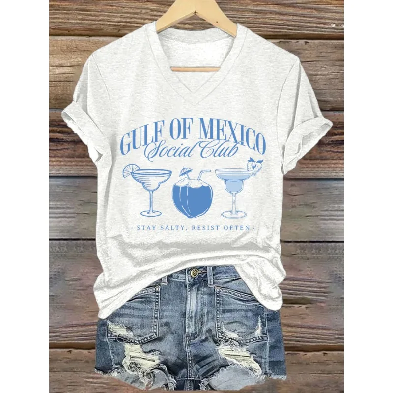 Women's Short Sleeved Gulf of Mexico Print T-Shirts Summer Holiday Casual V Neck Tops