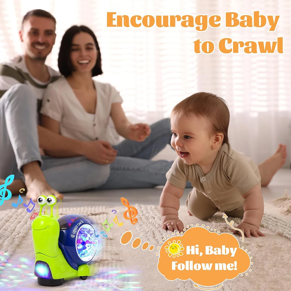 1PC Crawling Snail Baby Toy, Walking Tummy Snail Toy for Babies, Interactive Musical Light up Crawling Toys (Green snail)