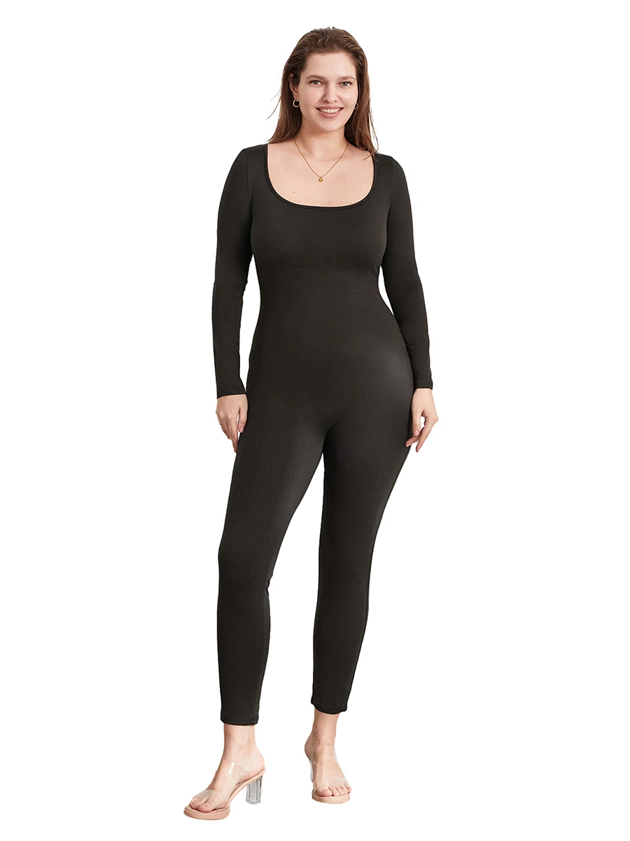 Dames herfst bodycon jumpsuits effen kleur vierkante hals lange mouw lange rompertjes mode skinny speelpakjes streetwear