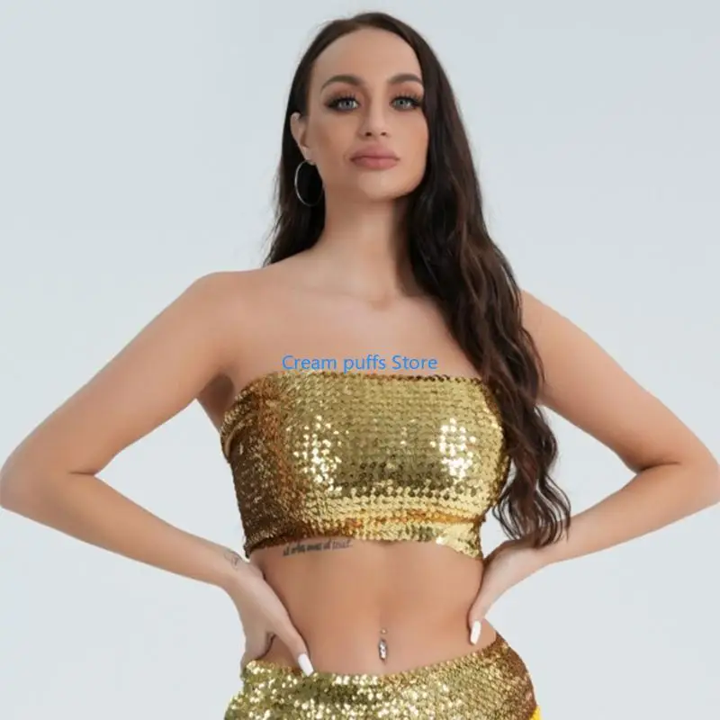 50LE Women's Sparkly Sequins Tube Top Stretchy Crop Top Party Costumes Clubwear - view 5