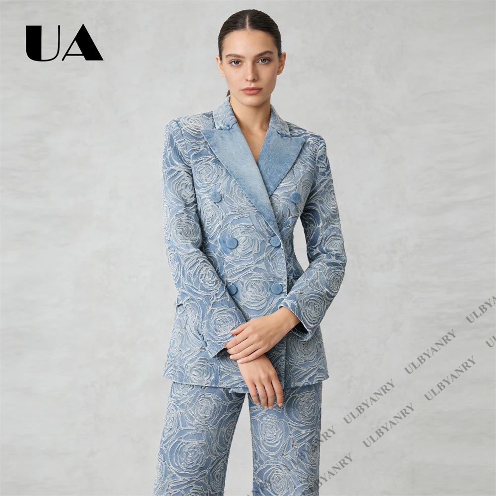 ULBYANRY Women's Jacquard Suit Set, Two Piece Blue Floral Cut Out Double Breasted Jacket & Pants, Denim Lapel Wide-Leg Pants