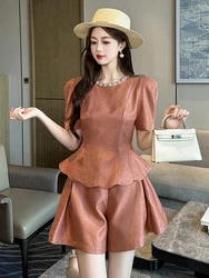 Elegant Fashion 2 Pieces Outfits Women Retro Celebrity Short Sleeve Tops Shirt Wed Leg Shorts Pants Sets Party Banquet Clothes