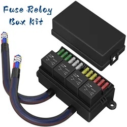 40 12V Fuse Relay Box Kit Pre-Wired Fuse and Relay Box with 4 Relay 12 Way ATC/ATO Fuses Sealed 24V Relay Fuse Box for Car